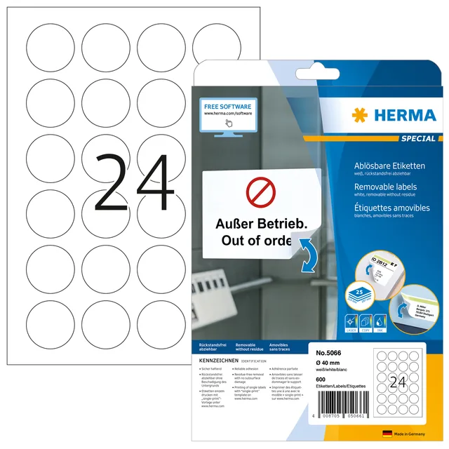 Etiket HERMA 5066 40mm verwijderb wit 600st