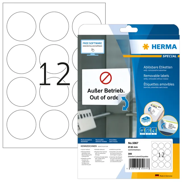 Etiket HERMA 5067 60mm verwijderb wit 300st