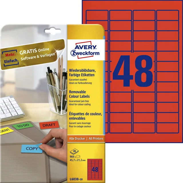 Etiket Avery L6038-20 45.7x21.2mm rood 960st