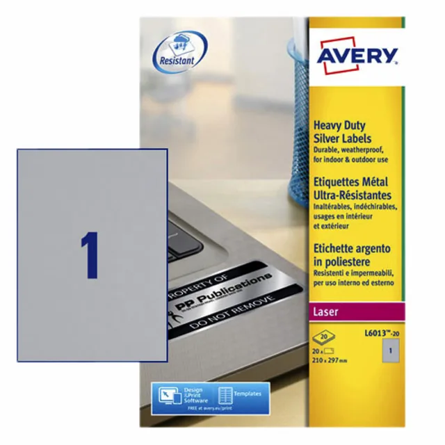 Etiket Avery L6013-20 210x297mm zilver 20st