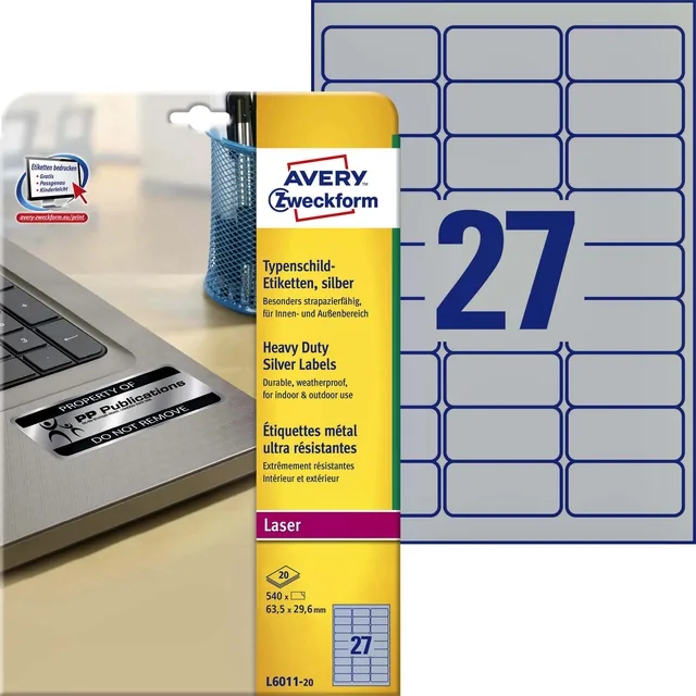 Etiket Avery L6011-20 63.5x29.6mm zilver 540st