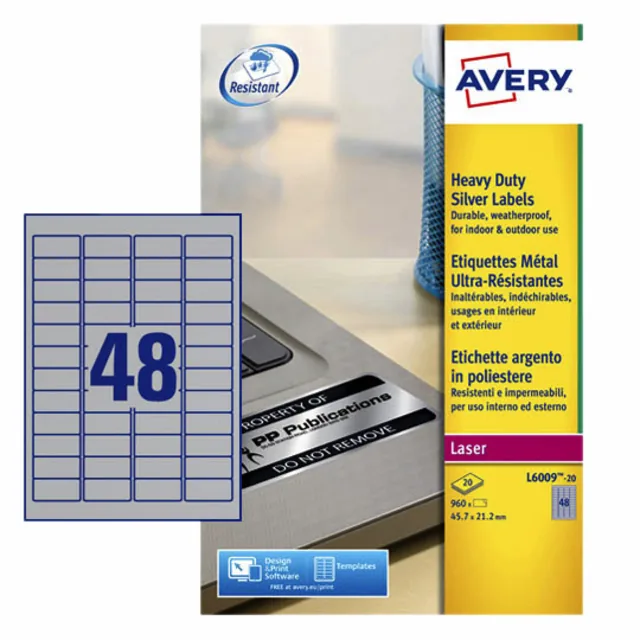 Etiket Avery L6009-20 45.7x21.2mm zilver 960st