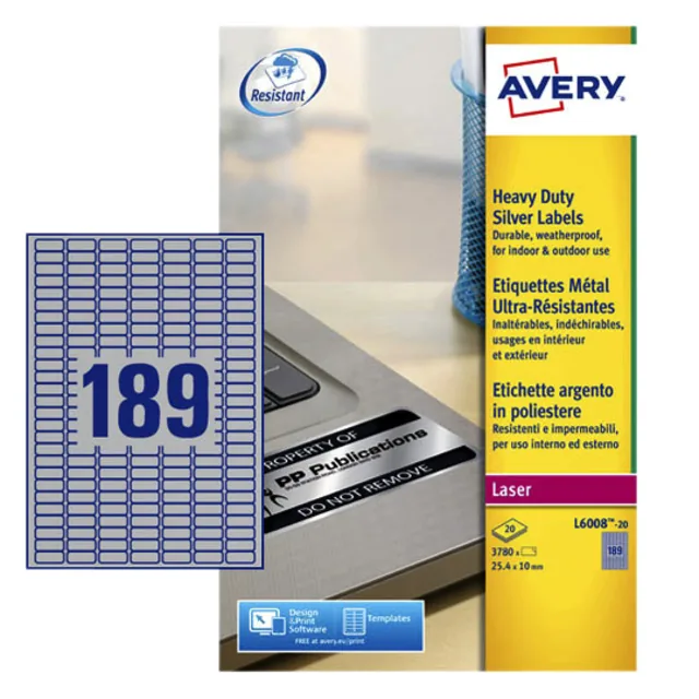 Etiket Avery L6008-20 25.4x10mm zilver 3780st