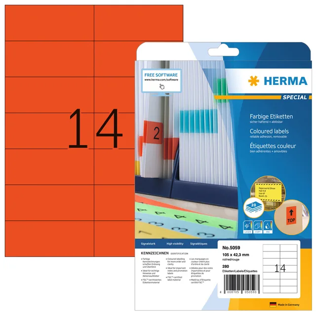 Etiket HERMA 5059 105x42.3mm verwijderb rood 280st