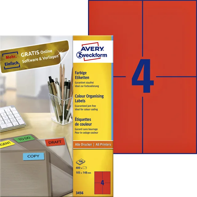 Etiket Avery 3456 105x148mm A6 rood 400st