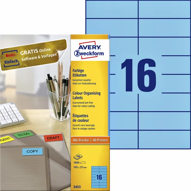 Etiket Avery 3453 105x37mm blauw 1600st