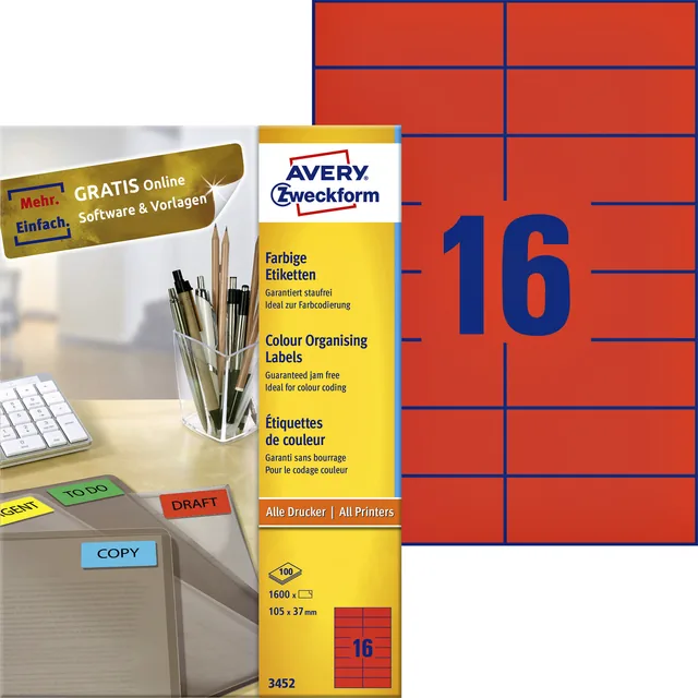 Etiket Avery 3452 105x37mm rood 1600st
