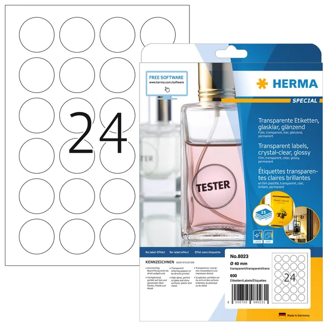 Etiket HERMA 8023 40mm rond transparant 600st