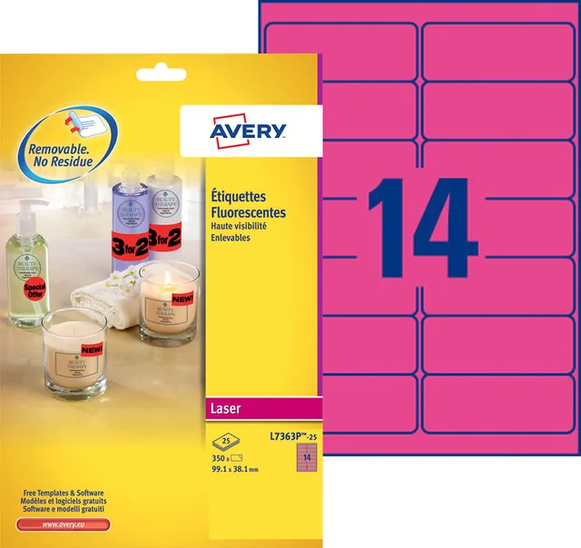 Etiket Avery L7363P-25 99.1x38.1mm roze 340st