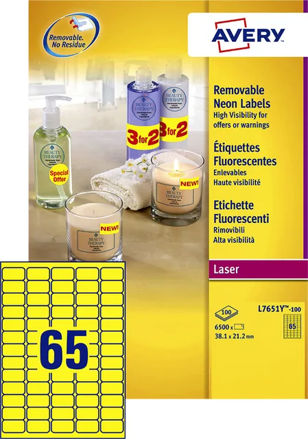 Etiket Avery L7651Y-100 38.1x21.2mm geel 6500st