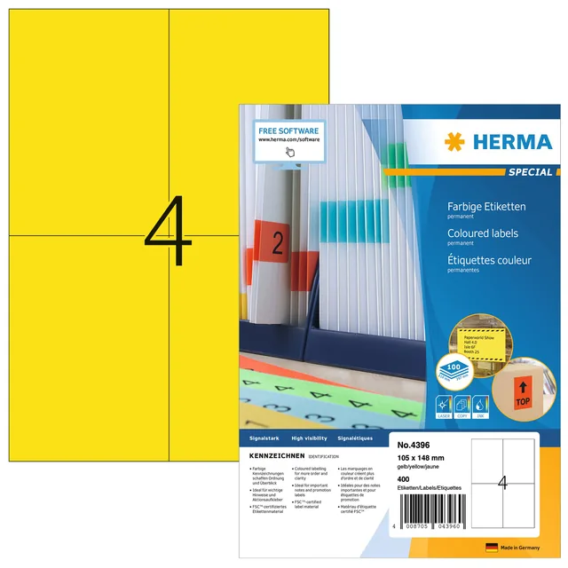 Etiket HERMA 4396 105x148mm A6 geel 400st