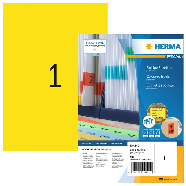 Etiket HERMA 4401 210x297mm A4 geel 100st
