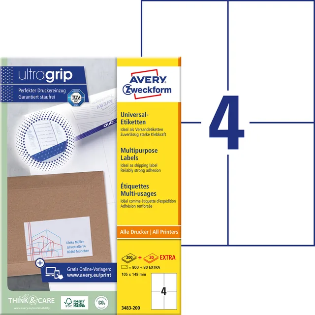 Etiket Avery 3483 105x148mm A6 wit 800st