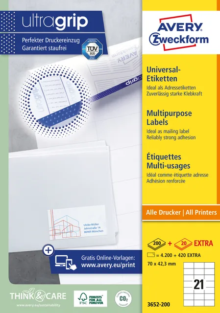Etiket Avery 3652 70x42.3mm wit 4200st