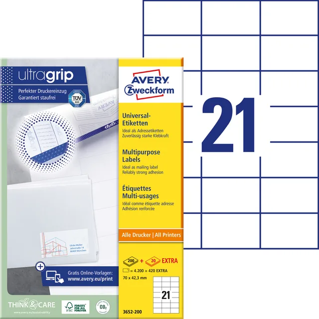Etiket Avery 3652 70x42.3mm wit 4200st