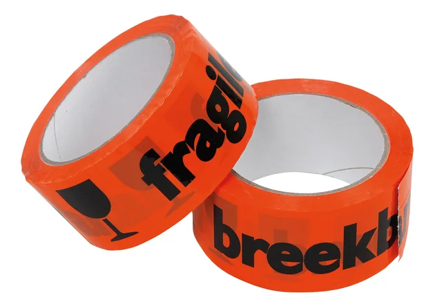 Waarschuwingstape IEZZY breekbaar 50mmx66m or/zw