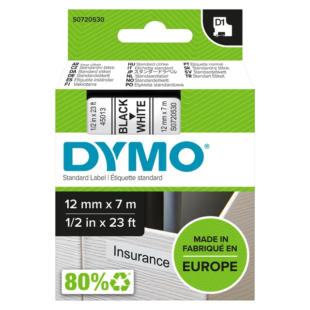Labeltape Dymo LabelManager D1 polyester 12mm wit