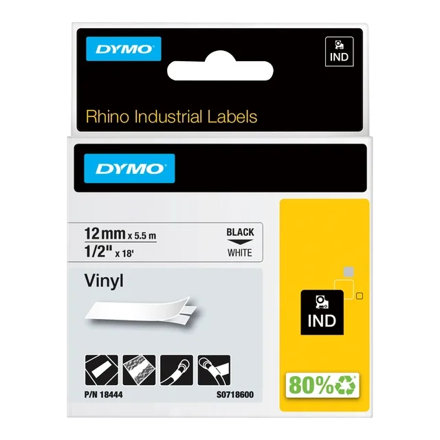 Labeltape Dymo Rhino industrieel vinyl 12mm wit