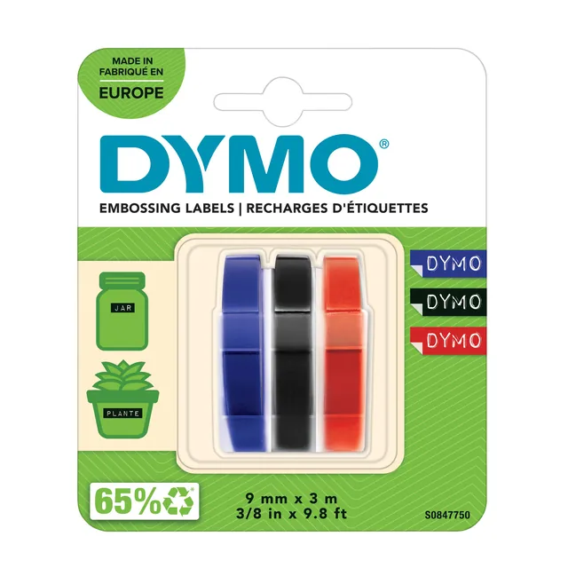 Relieftape Dymo embossing vinyl 9mm 3 stuks