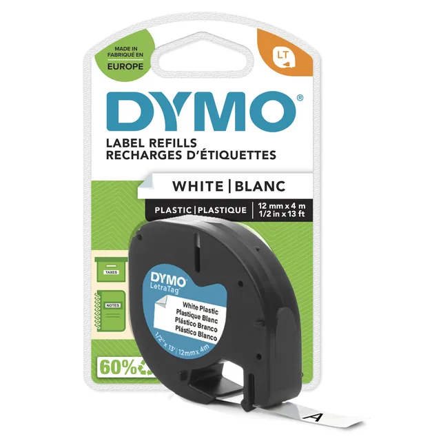 Labeltape Dymo LetraTag plastic 12mm wit