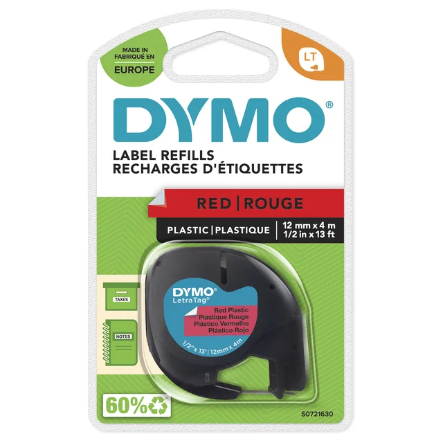 Labeltape Dymo LetraTag plastic 12mm rood