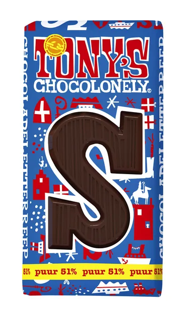 Chocoladeletter Tony Chocolonely puur S 180gr