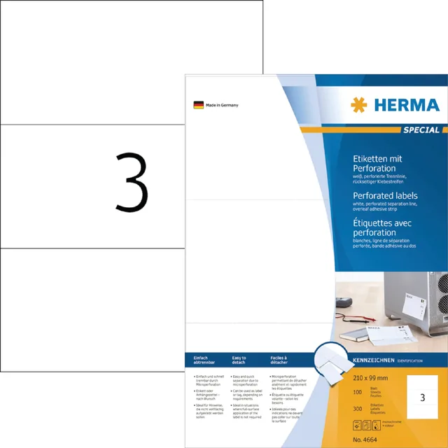 Etiket HERMA 4664 210x99mm geperforeerd wit 300st