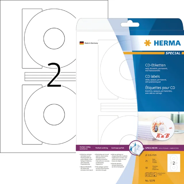 Etiket HERMA 5079 CD 116mm wit opaqua 50st